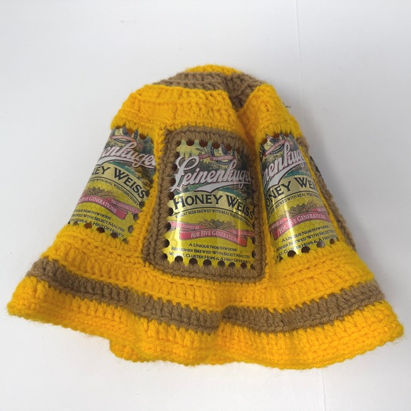 Leinenkugel Honey Weiss Crochet Beer Can Bucket Hat Unusual Funky Crocheted - Picture 1 of 4